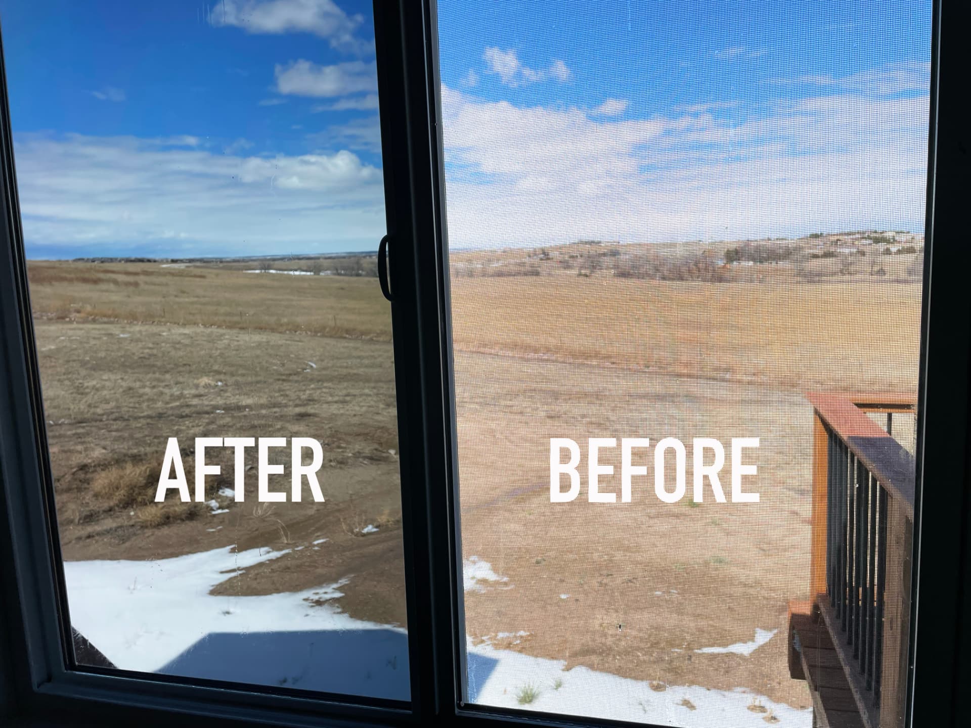 Before and after tint comparison on a sliding glass door overlooking a field