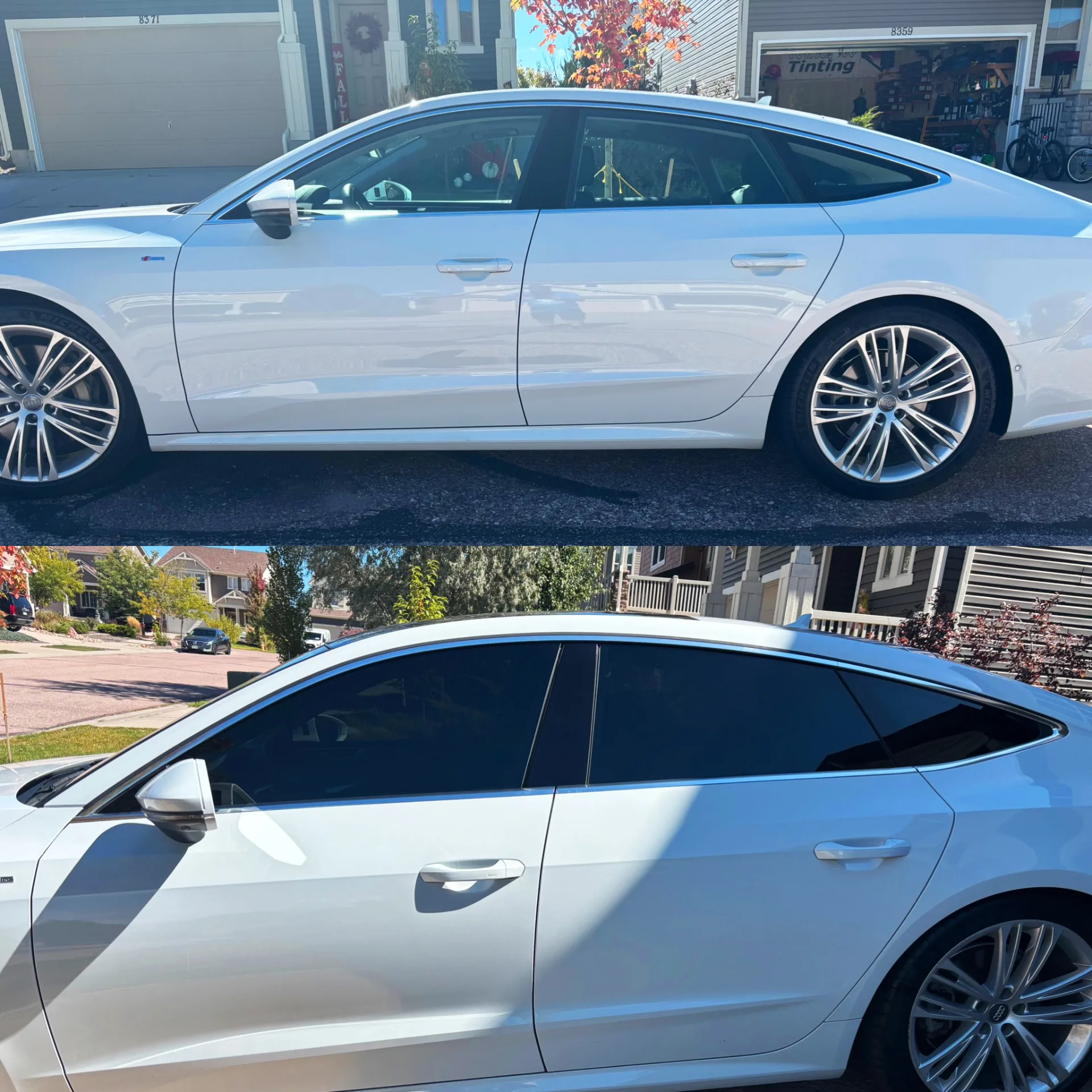 Before and after side window tint on a white Audi sedan