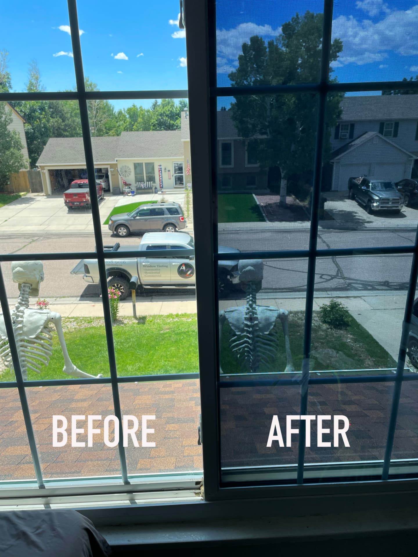 Home window with residential film showing the difference in glare and brightness
