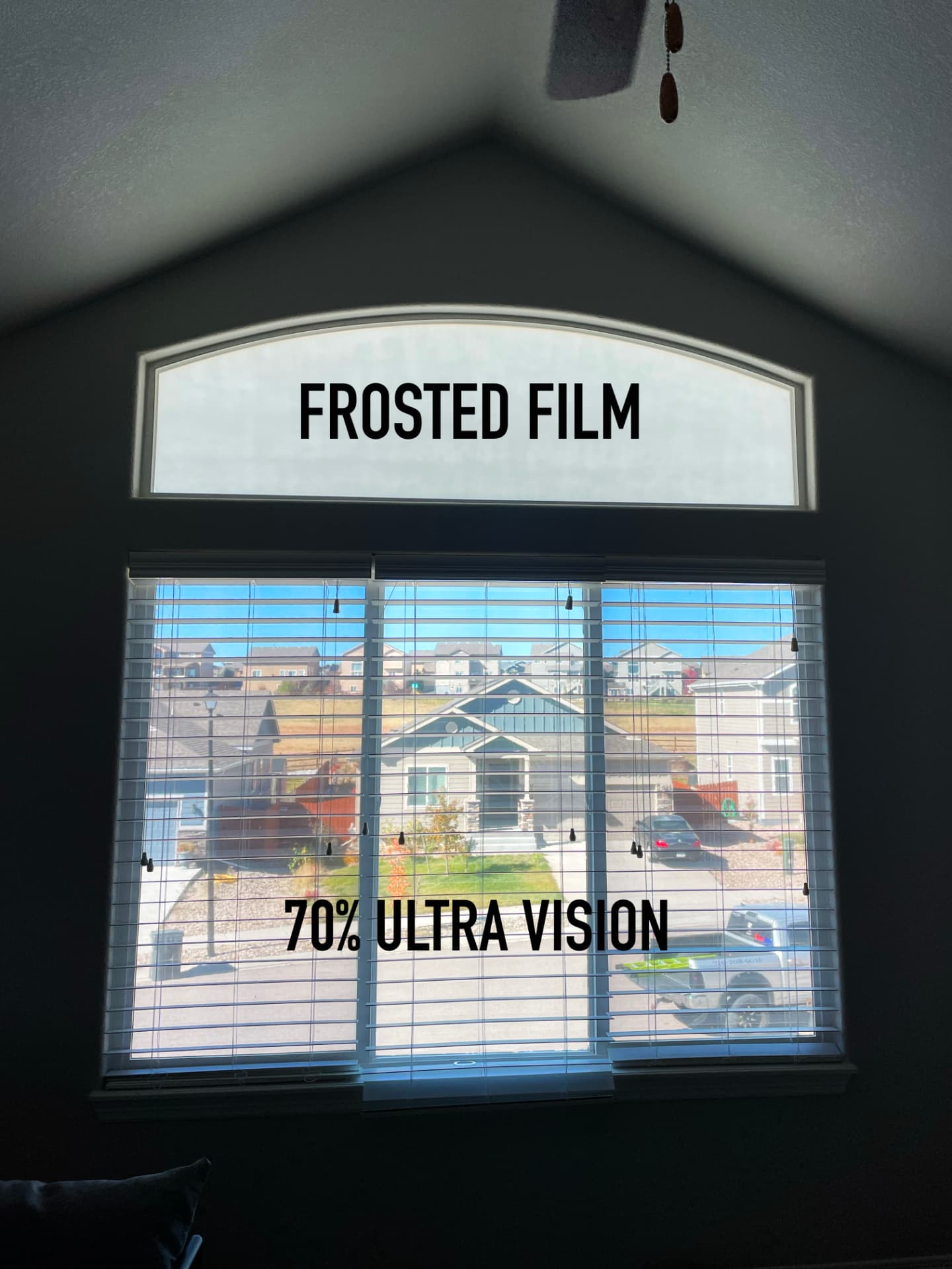 Frosted film on an arched window and 70% ultra vision film on a living room window