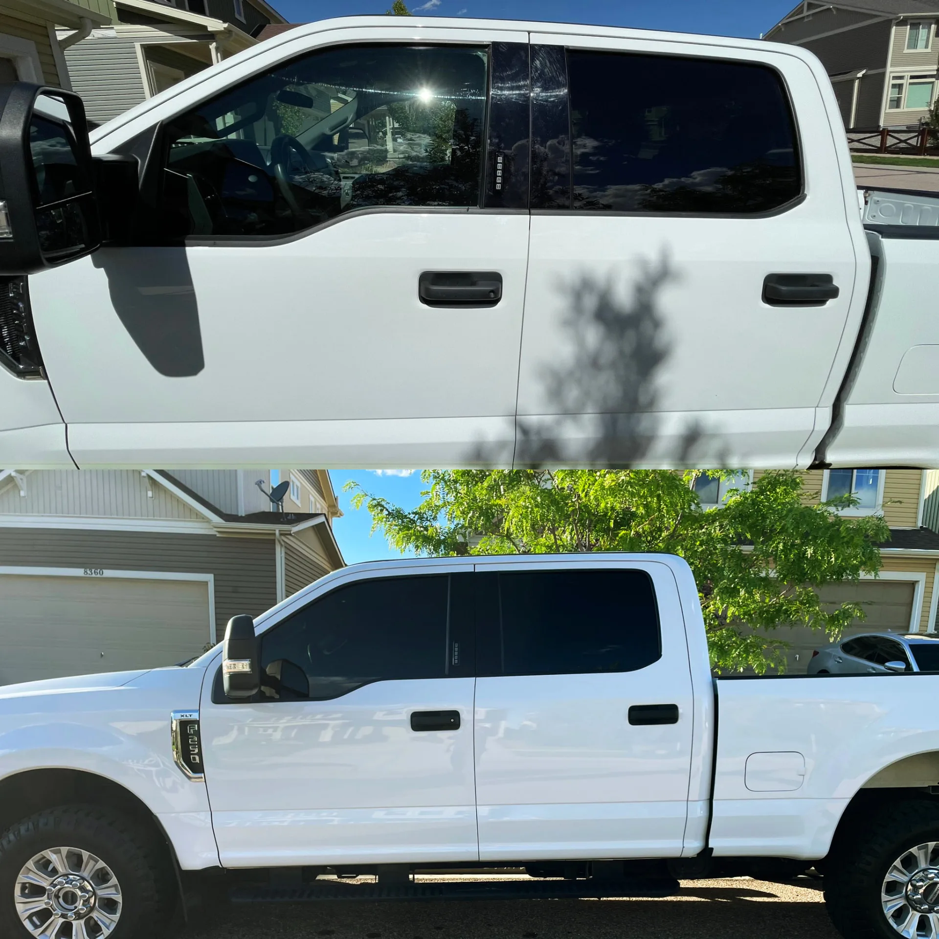 Before and after tint on a white Ford F-250 truck
